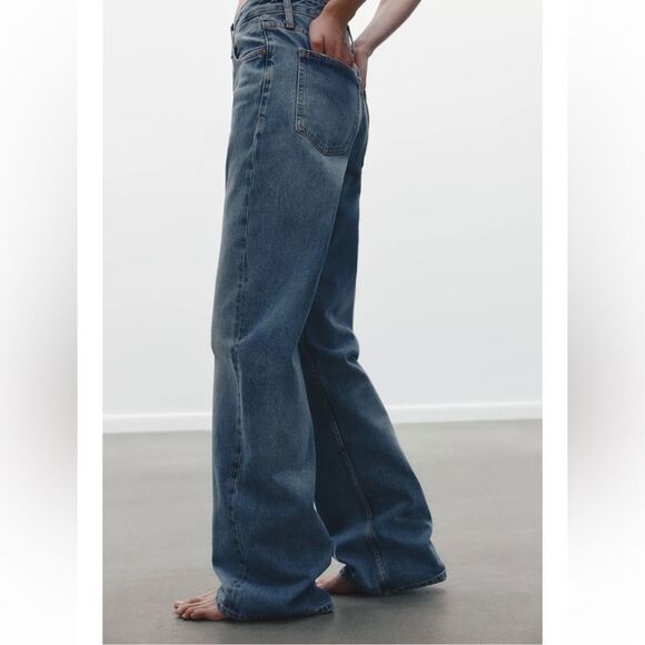 ZARA Mid Rise Wide Leg Full Length Loose Fit Medium Blue No Stretch Denim Jeans - Picture 2 of 12